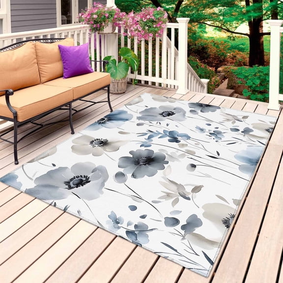 Blue Grey Spring Floral Outdoor Rug for Patio/Deck/Porch, Non-Slip Large Area Rug 6 x 9 Ft, Summer Botanical Elegant Indoor Outdoor Rugs Washable Area Rugs, Reversible Camping Rug Carpet Runner