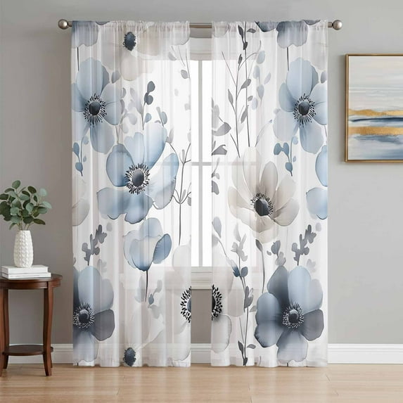 Blue Grey Spring Floral Semi Sheer Curtains 63 Inch Length 2 Panels Set, Summer Flowers Botanical Sheer Kitchen Curtain Privacy Voile Window Curtain for Living Room Bedroom Rod Pocket Drapes