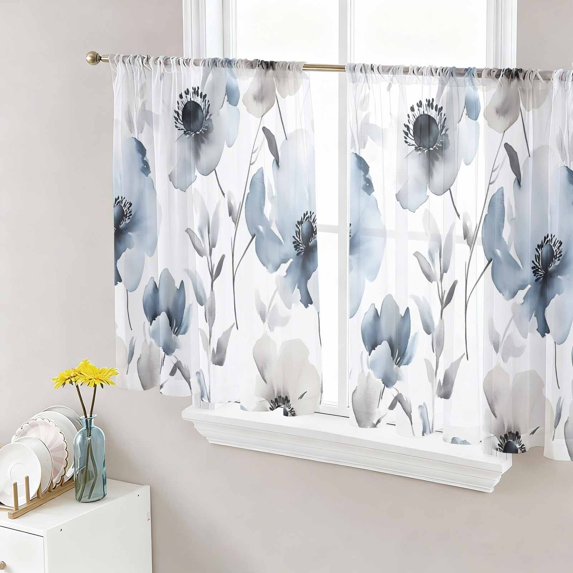 Blue Grey Spring Floral Sheer Curtains 54 Inch Length 2 Panels Set, Elegant Summer Botanical Voile Window Treatment Rod Pocket Short Kitchen Curtains Drapes for Bedroom 52"x54"x2