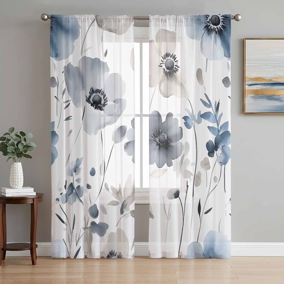 Blue Grey Spring Floral Sheer Curtains 96 Inch Length 2 Panels Set, Summer Botanical Elegant Voile Window Treatment Semi Sheer Long Curtains Drapes for Bedroom/Living Room/Kitchen 52"x96"x2