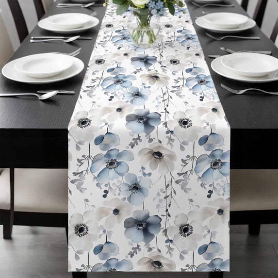 Blue Grey Spring Floral Table Runner 72 Inches Long, Summer Flowers Botanical Kitchen Coffee Dining Table Decoration for Home Party Birthday Wedding Home Decor 14x72 Inches