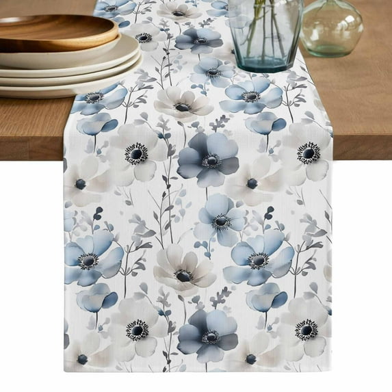Blue Grey Spring Floral Table Runner, Summer Flowers Botanical Washable Cotton Linen Table Runners 48 Inches Long, Dresser Scarf Runner for Nightstand/Coffee/End Tables 13''x48''