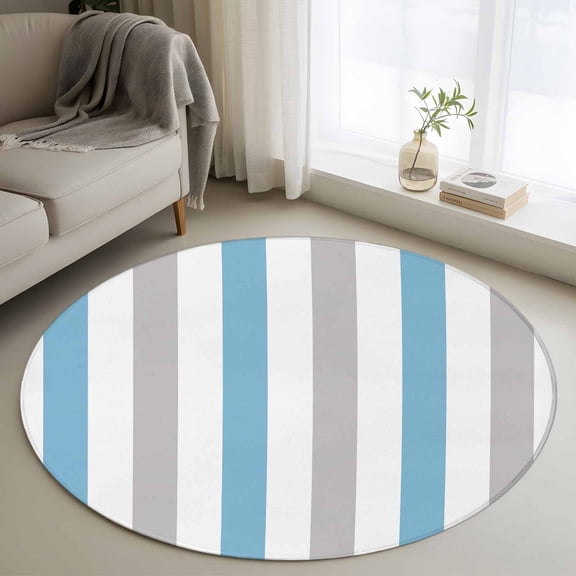 Blue Grey Stripe 3ft Round Rug, Modern Farmhouse Vertical Striped Non-Skid Rubber Backing Large Area Rugs - Living Room Bedroom Home Office, Indoor Floor Mat Carpets Washable Rug