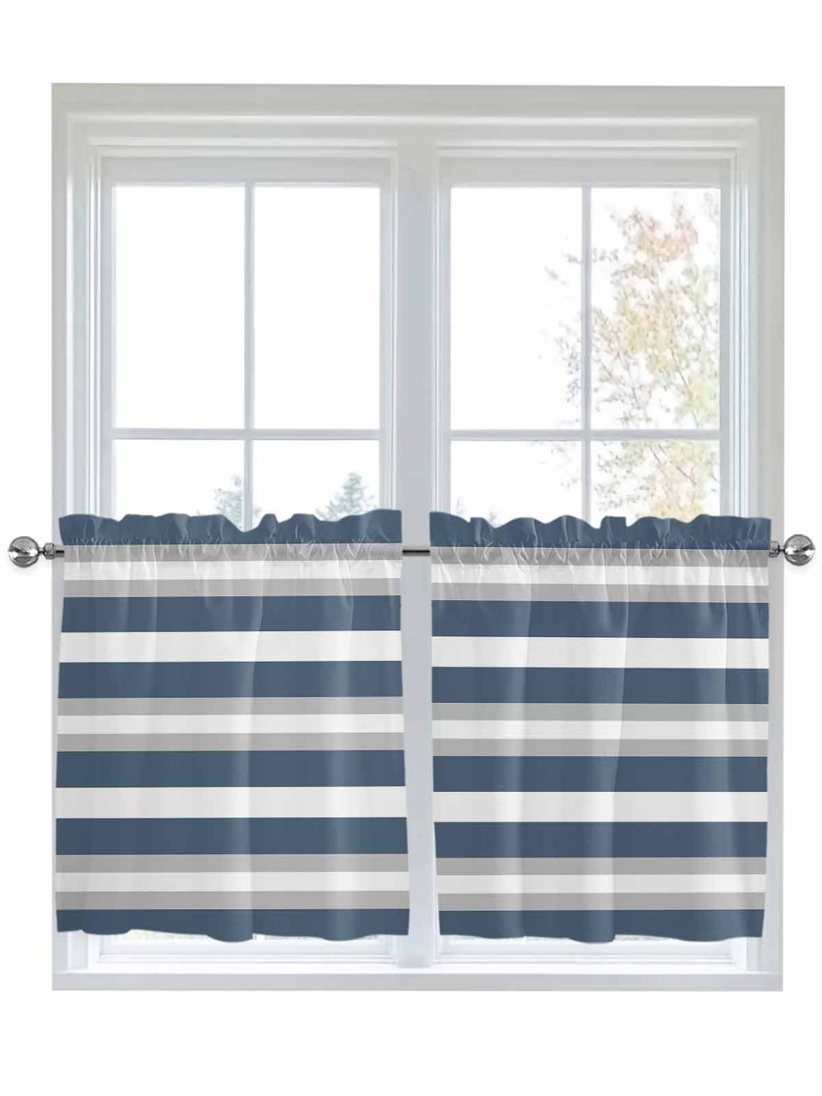 Blue Grey Stripe Half Window Curtain 36 Inches Long, Farmhouse Modern ...