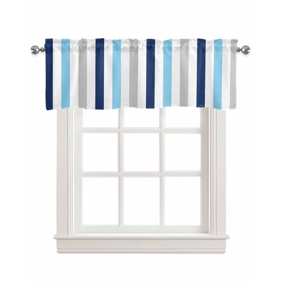 Blue Grey Stripe Kitchen Valances for Windows Farmhouse Linen Window Valance Curtain for Living Room Window Treatment Geometric White Vertical Striped Valance Rod Pocket Topper Drape, 54 x 18 Inch