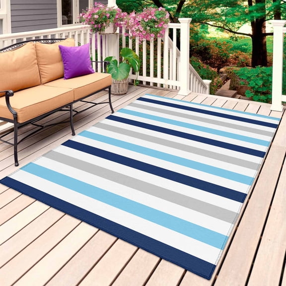 Blue Grey Stripe Outdoor Rug for Patio/Deck/Porch, Non-Slip Large Area Rug 4 x 6 Ft, Geometric White Vertical Striped Indoor Outdoor Rugs Washable Area Rugs, Reversible Camping Rug Carpet Runner