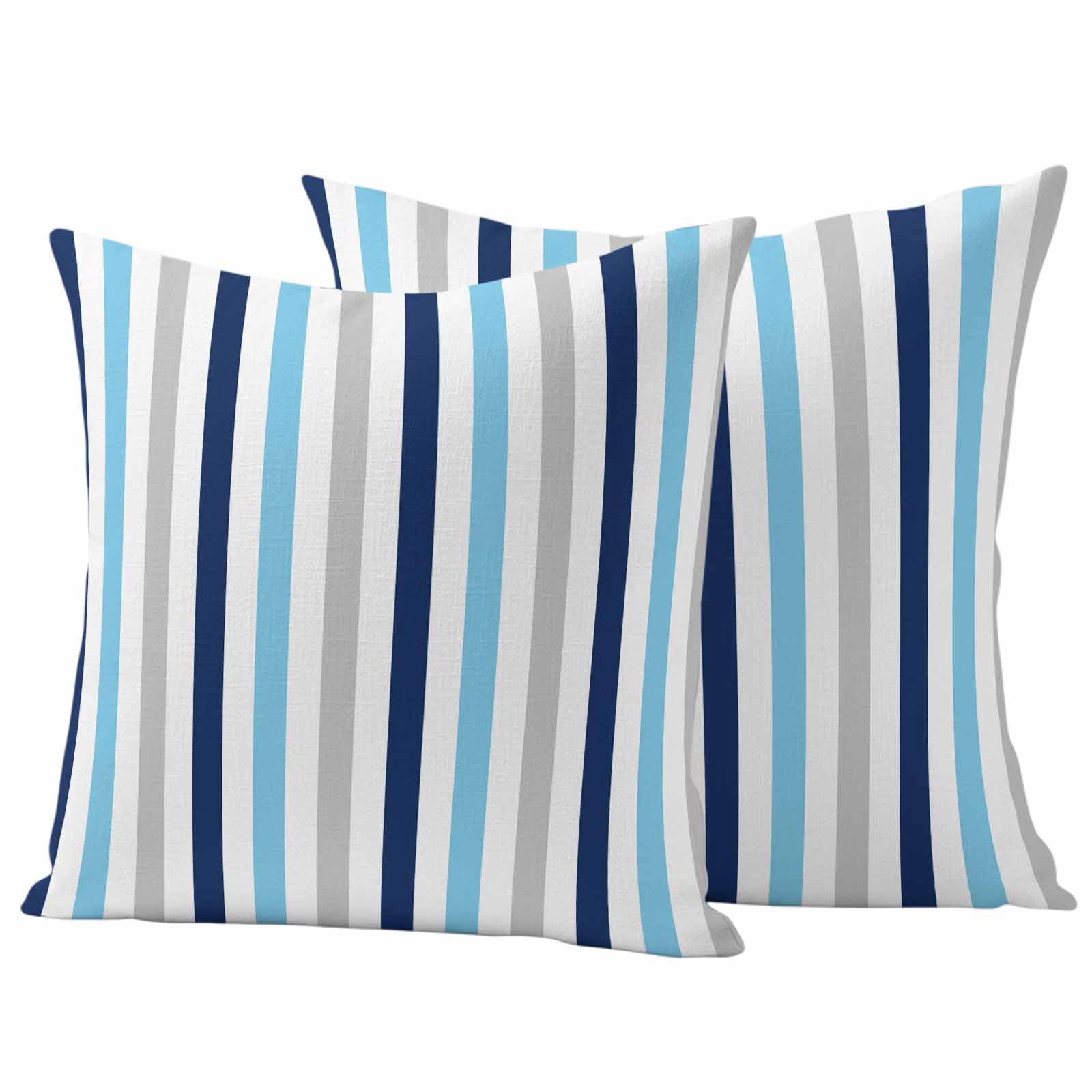 Blue Grey Stripe Outdoor Waterproof Pillow Covers, Geometric White Vertical Striped Decorative Square Throw Pillowcase Sofa Cushion Sham for Patio/Couch/Chair, 16"x16" 2 Pack