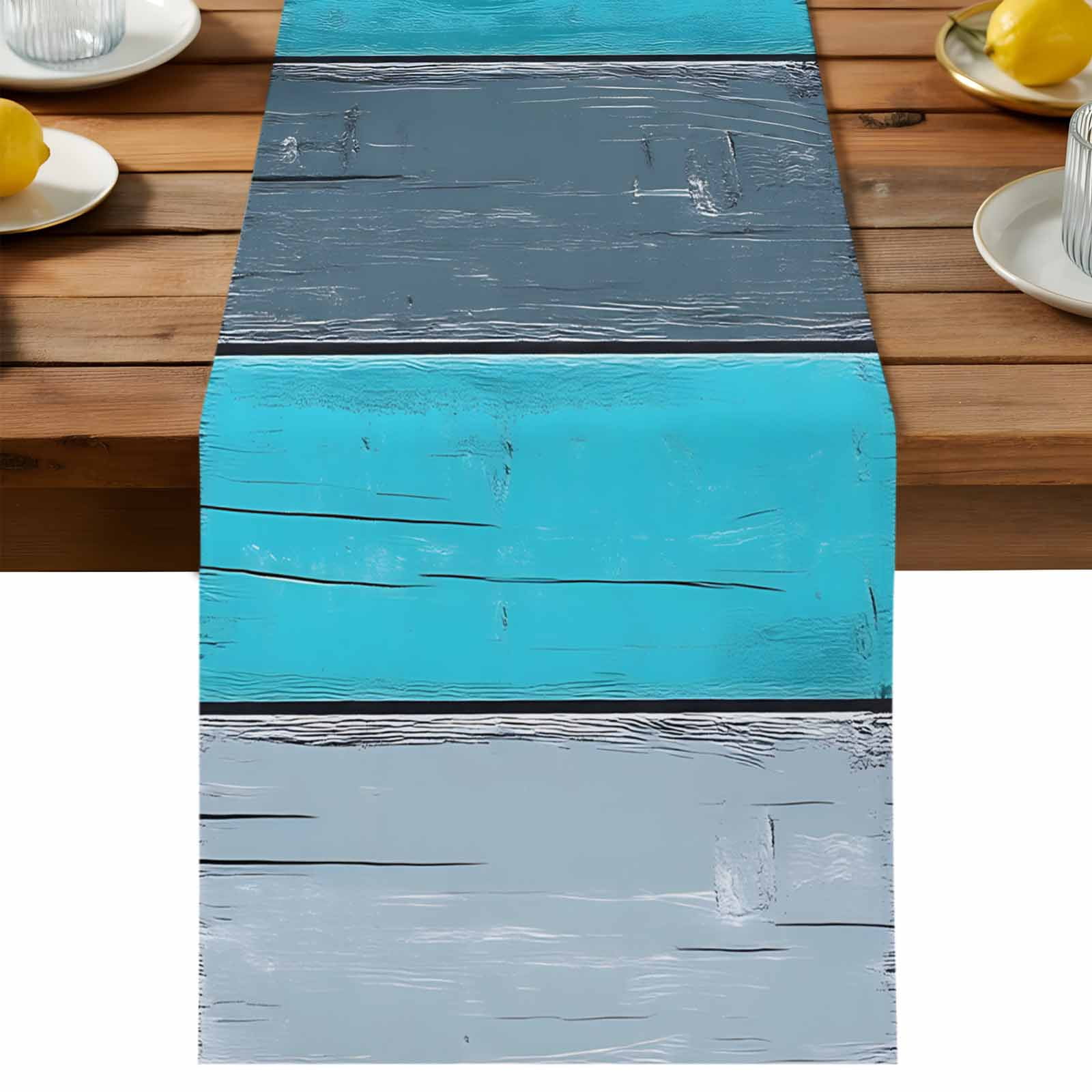 Blue Grey Stripe Table Runner, Retro Coastal Style Wood Texture Cotton ...