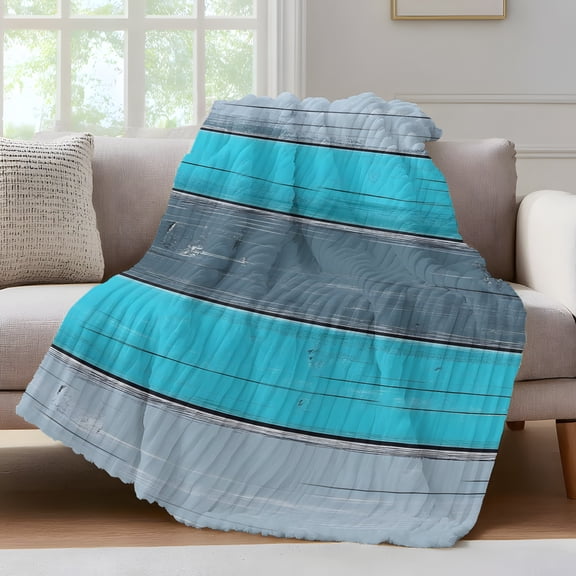 Blue Grey Stripe Throw Blanket for Couch Retro Coastal Style Wood Texture Soft and Warm Flannel 3D Striped Fluffy Fuzzy Fleece Blanket Lightweight Throw for Bed, Sofa 32 x 48 Inches