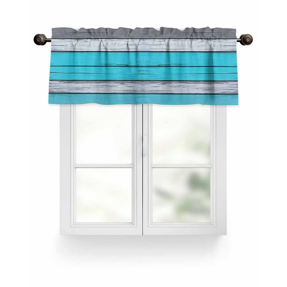 Blue Grey Stripe Valances for Windows Retro Coastal Style Wood Grain Valance Rod Pocket Light Filtering Short Window Treatments Curtains for Kitchen Bathroom Living Room Bedroom, 54 x 18 Inch
