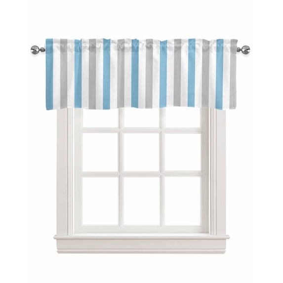 Blue Grey Striped Kitchen Valances for Windows Farmhouse Linen Window Valance Curtain for Living Room Window Treatment Geometric Vertical Stripes Minimalist Valance Rod Pocket Topper, 42 x 18 Inch