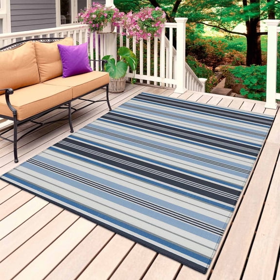 Blue Grey Striped Outdoor Rug for Patio/Deck/Porch, Non-Slip Large Area Rug 4 x 6 Ft, Farmhouse Modern Stripes Art Indoor Outdoor Rugs Washable Area Rugs, Reversible Camping Rug Carpet Runner