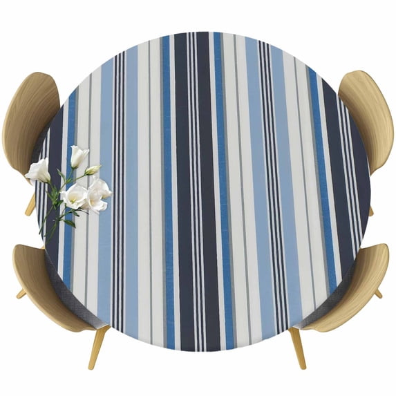 Blue Grey Striped Round Tablecloth, Fitted Table Cover with Elastic for 45"-54" Round Tables, Farmhouse Modern Stripes Art Table Cloth Outdoor Indoor Dinning Party Waterproof Tablecloths