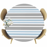 Blue Grey Striped Round Tablecloth, Fitted Table Cover with Elastic for 45"-54" Round Tables, Horizontal Lines Simple Minimalist Table Cloth Outdoor Indoor Dinning Party Waterproof Tablecloths