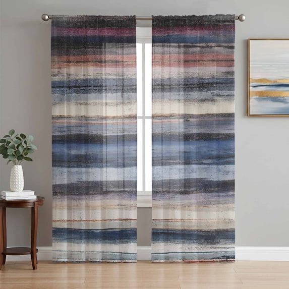 Blue Grey Striped Sheer Curtains 84 Inch Length 2 Panels Set, Abstract Vintage Watercolor Geometric Voile Window Treatment Rod Pocket Curtains Sheers Drapes for Bedroom/Living Room/Kitchen 52"x84"x2