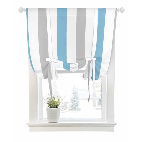 Blue Grey Striped Tie Up Curtains for Window, Thermal Insulated Balloon Shade Adjustable Rod Pocket Curtains Valance Panels for Kitchen Bathroom Cafe 42 x 63 Geometric Vertical Stripes Minimalist
