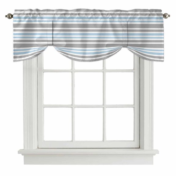 Blue Grey Striped Tie Up Valance Curtains for Windows, Kitchen Curtains Window Treatments, Horizontal Lines Simple Minimalist Short Window Shades Valances for Bedroom Bathroom Cafe 42"x12"
