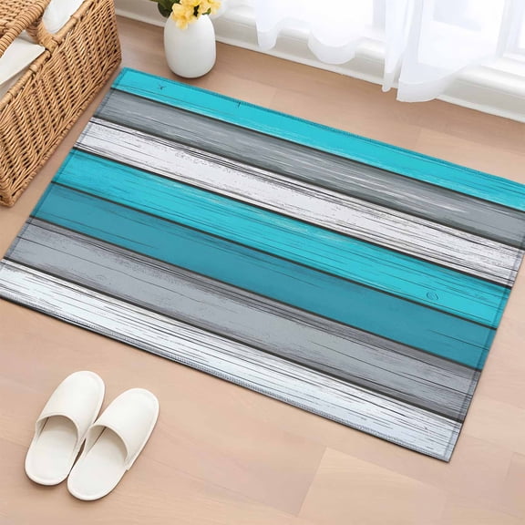 Blue Grey Stripes 2'x3' Rug for Entryway Front Door Kitchen Sink Area, Retro Coastal Style Wood Texture Low Pile Washable Non Slip Rectangle Area Rug