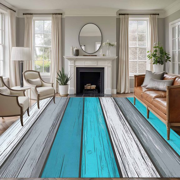 Blue Grey Stripes 8'x10' Large Area Rug for Living Room Sectional Sofa, Retro Coastal Style Wood Texture Washable Non Slip Low Pile Rectangle Area Rug
