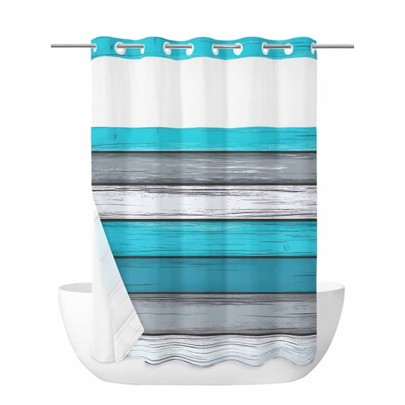 Blue Grey Stripes No Hook Shower Curtain and Liner Set Retro Coastal Style Wood Texture Shower Curtains with Snap-in Liner & See Through Top Window Hotel Style for Bathroom Decor 72x84 Inch