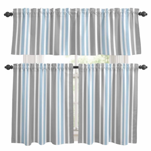 Blue Grey Stripes Kitchen Curtains Sets for Windows 36 Inch Length, Simple Striped Lines Minimalist Modern Rod Pocket Window Treatments Tier Curtains and Valances Set for Bedroom/Bathroom