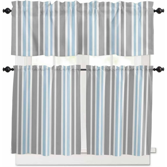 Blue Grey Stripes Kitchen Curtains, Simple Striped Lines Minimalist Modern 3-Piece Kitchen Curtain Valance and Tiers Set 36 Inch Length, Rod Pocket Half Window Curtains for Cafe Living Room Bathroom