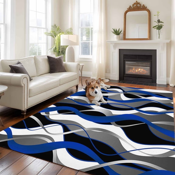 Blue Grey Stripes Large Area Rugs 5x8 ft Abstract Line Geometric Blue Black Gray White Striped Washable Rug Non Slip Indoor Carpet Absorbent Floor Mat for Living Room Bedroom Dining Room
