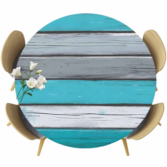 Blue Grey Stripes Round Fitted Table Cover Vintage Coastal Style Wood Texture Waterproof Table Cloth with Elastic Edge Wipeable Tablecloth for Picnic Camping Party Fits 45"-54" Diameter