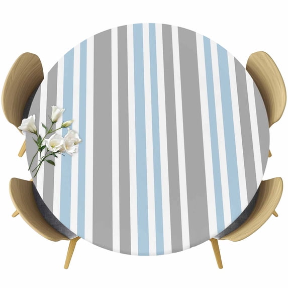 Blue Grey Stripes Round Tablecloth, Fitted Table Cover with Elastic for 55"-60" Round Tables, Simple Striped Lines Minimalist Modern Table Cloth Outdoor Indoor Dinning Party Waterproof Tablecloths