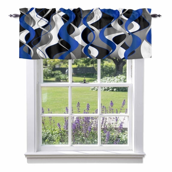 Blue Grey Stripes Valance Curtain for Windows Abstract Line Geometric Blue Black Gray White Striped Rod Pocket Curtain Valances Short Window Treatments for Kitchen Bathroom Laundry 42 x 18 Inch