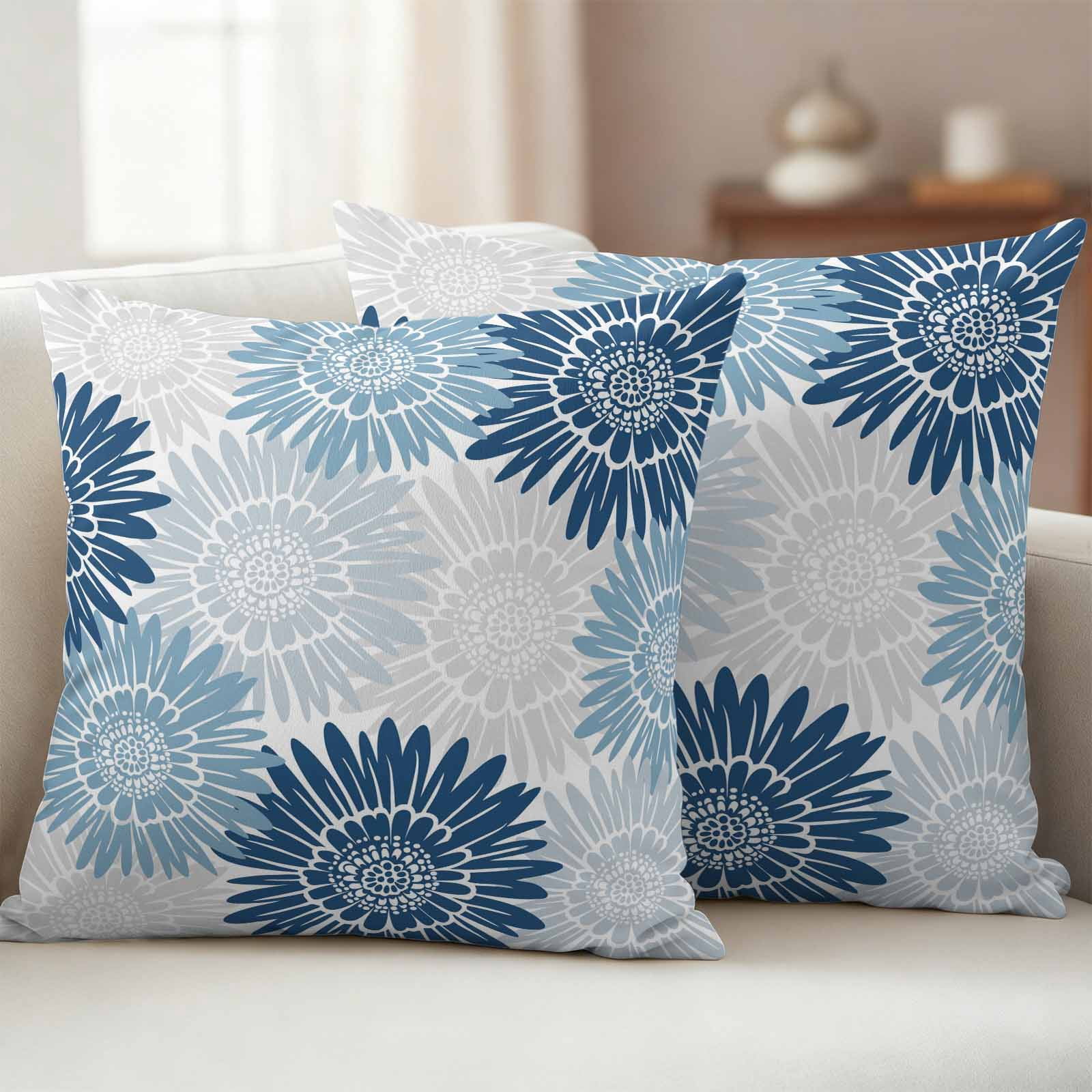 Blue Grey Sunflowers Outdoor Waterproof Throw Pillow Covers 26x26 Set of 2, Boho Vintage Floral Rustic Blossom Decorative Pillowcases Cushion Pillowcase for Couch Sofa Patio Outside Pillow Protector