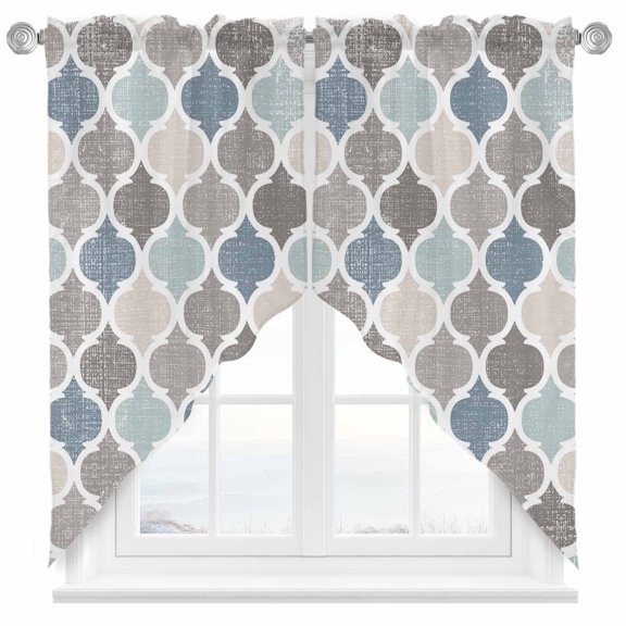 Blue Grey Swag Valances for Windows 2 Pack Morocco Geometric Plaid Swag Kitchen Curtains 36 Inches Long Rod Pocket Short Window Treatment for Kitchen Bathroom 28"x36"