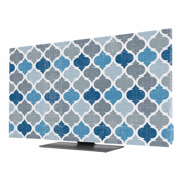 Blue Grey TV Dust Cover 24 Inch, Geometric Morocco Quatrefoil Lattice Computer Monitor Cover Dustproof Stretchable Indoor TV Screen Protector for LED LCD Universal Monitors
