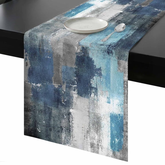Blue Grey Table Runner 13x60 Inch Modern Graffiti Brush Art Abstract Table Runner Non-Slip Dresser Scarves for Holiday Decorations, Party, Dinner and Gatherings, 1 Pack