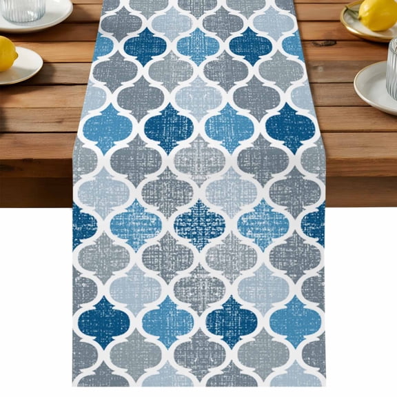 Blue Grey Table Runner, Geometric Morocco Quatrefoil Lattice Cotton Linen Table Cloth, Tablerunner for Kitchen Dining Party Wedding Home Decor 13x70 Inch