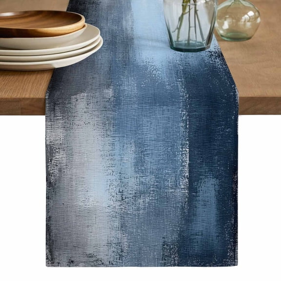 Blue Grey Table Runner, Modern Oil Painted Art Abstract Geometric Washable Cotton Linen Table Runners 48 Inches Long, Dresser Scarf Runner for Nightstand/Coffee/End Tables 13''x48''