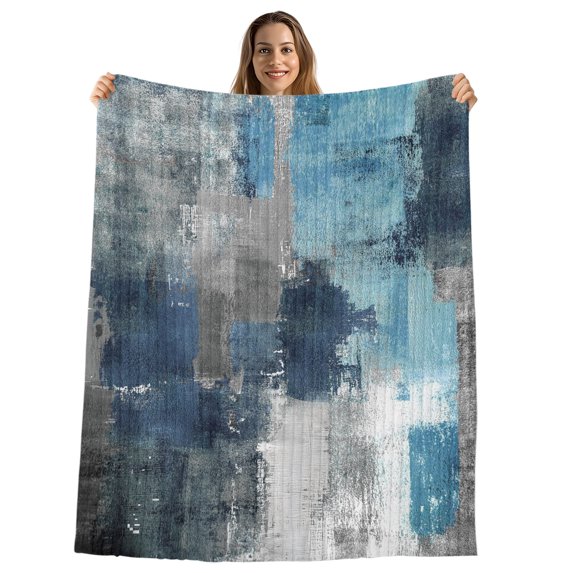 Blue Grey Throw Blanket, Flannel Fleece Blanket with Striped Design for Couch, Modern Oil Painted Abstract Art Aesthetics Soft Breathable All Season Plush Blankets for Sofa Office Travel 40"x50"