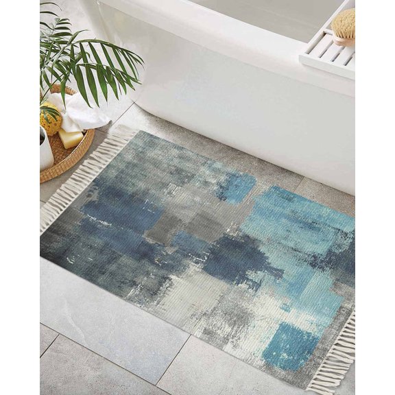 Blue Grey Turquoise Painting Bath Rug 2x3ft Woven Bathroom Entryway Runner Rug,Abstract Street Art Modern Washable Living Room Hallway Bedroom Kitchen Carpet with Tassels,Indoor Outdoor Doormat