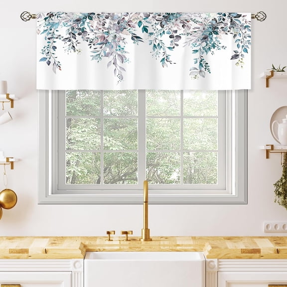 Blue Grey Valances Kitchen Curtains Watercolor Eucalyptus Botanical Leaves Flower Window Drapes Floral Plants Bedroom Bathroom Living Room Treatment Tier 1 Panel 52Wx18H Inch