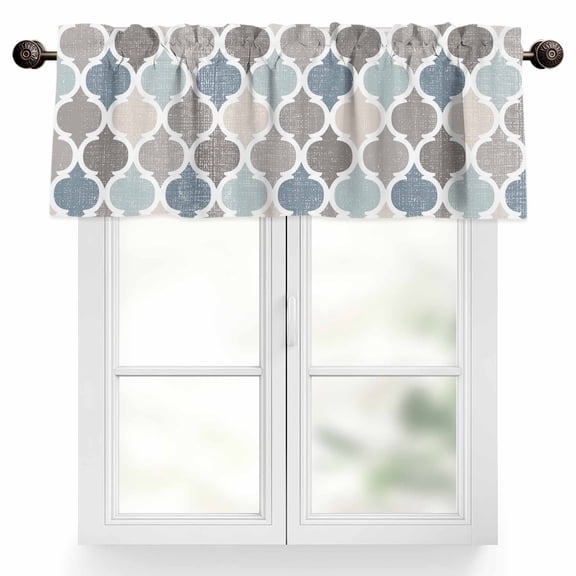 Blue Grey Valances for Windows, 42 x 18in, Morocco Geometric Plaid Rod Pocket Kitchen Valance Curtain Light Filtering Window Treatments for Living Room Bedroom, 1 Panel