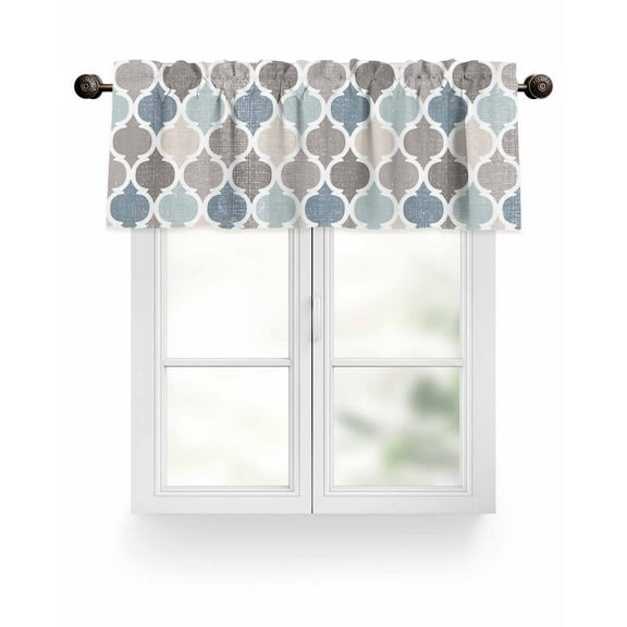 Blue Grey Valances for Windows Morocco Geometric Plaid Valance Rod Pocket Light Filtering Short Window Treatments Curtains for Kitchen Bathroom Living Room Bedroom, 1 Panel, 42 x 12 Inch