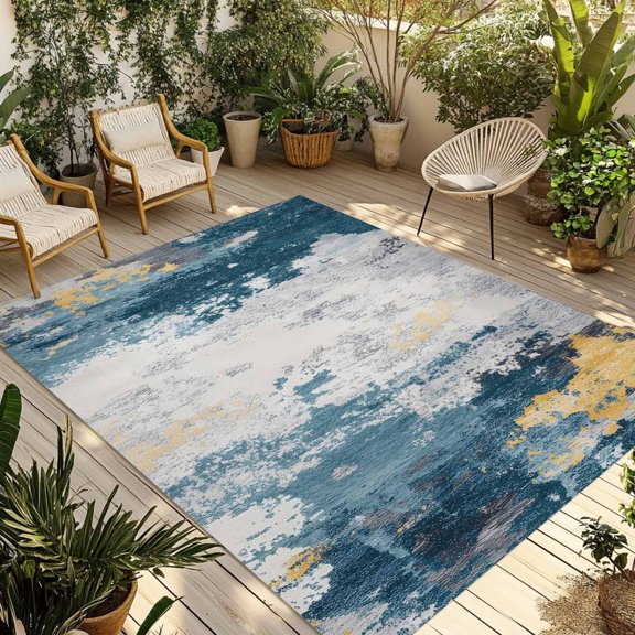 Blue Grey Vintage Outdoor Rug for Patio/Deck/Porch, Non-Slip Large Area Rug 5 x 8 Ft, Abstract Retro Art Indoor Outdoor Rugs Washable Area Rugs, Reversible Camping Rug Carpet Runner