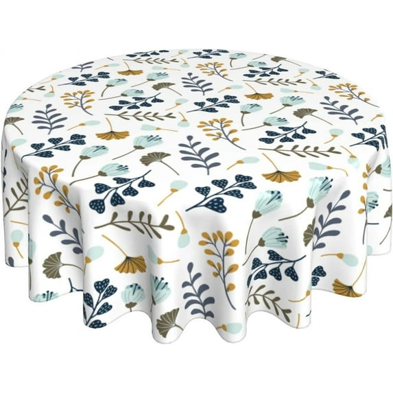 Blue Grey White Floral Leaves Round Tablecloth 60 Inch Spring Summer Leaf Table Clothes Rustic Reusable Circle Table Cover for Picnic Party Dining Room Home Indoor Outdoor Decor
