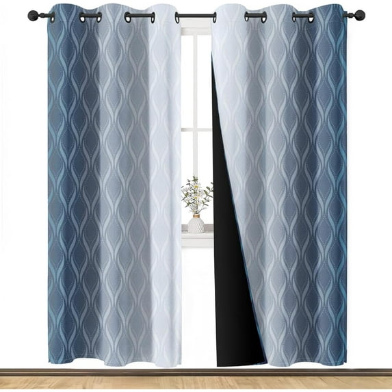 Blue Grey White Ombre Blackout Curtains for Living Room, Geometric Vintage Gradient Solid Thermal Insulated Grommet Drapes, Room Darkening Window Curtain Panels 42"W x 84"L (Pack of 2)