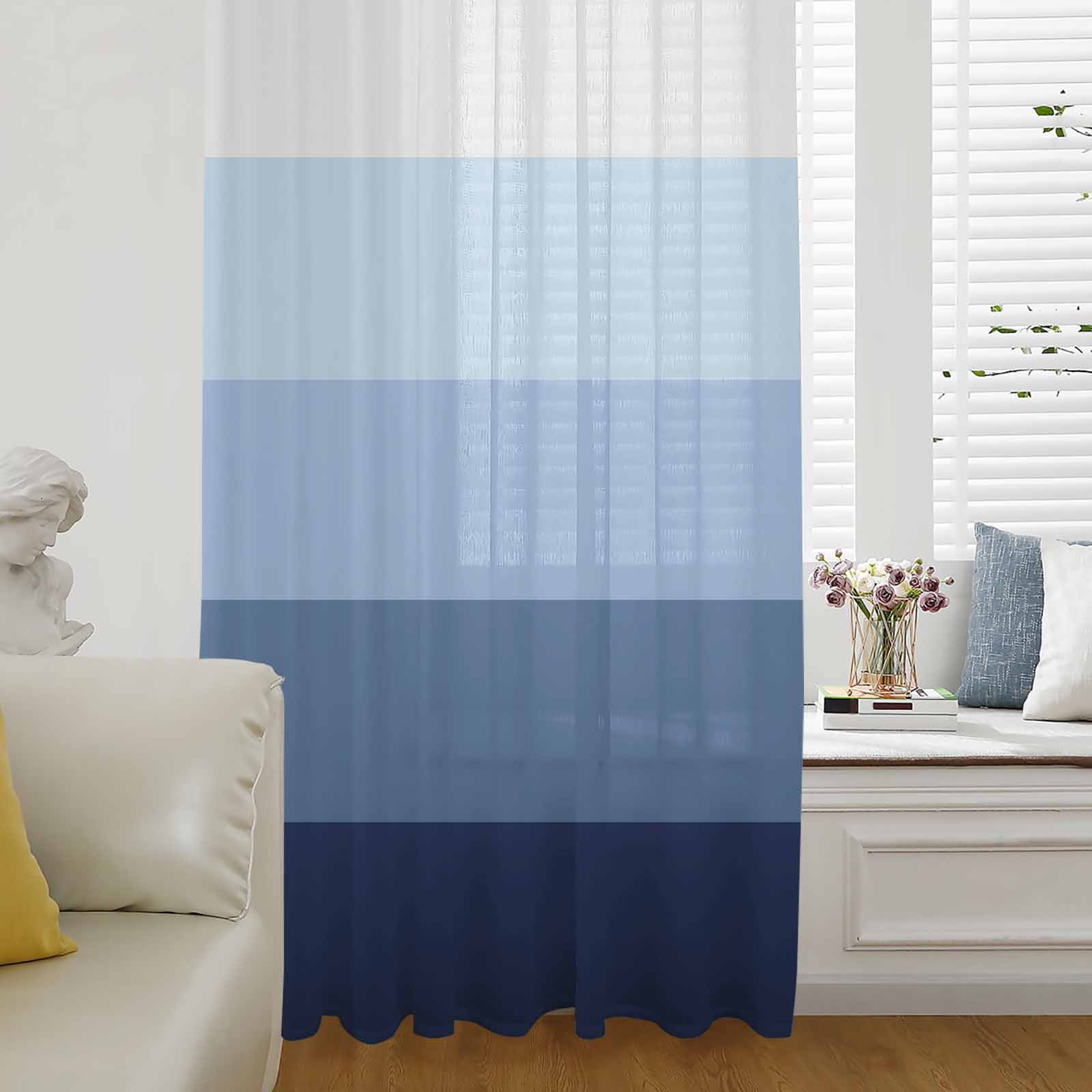 Blue Grey Window Curtain 45 Inches Long,Geometric Minimalist Gradient