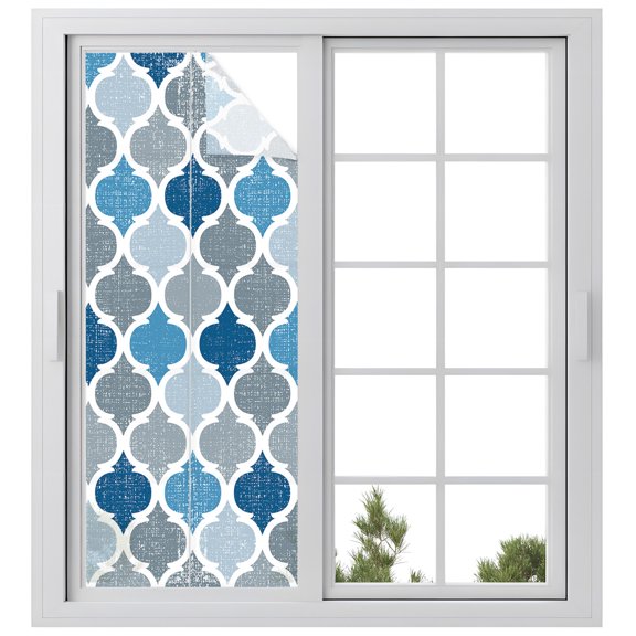 Blue Grey Window Privacy Film 23.6x 59in Geometric Morocco Quatrefoil Lattice Decorative Window Film with Static Cling, UV Filtering Window Cling Privacy Film for Glass Doors and Windows