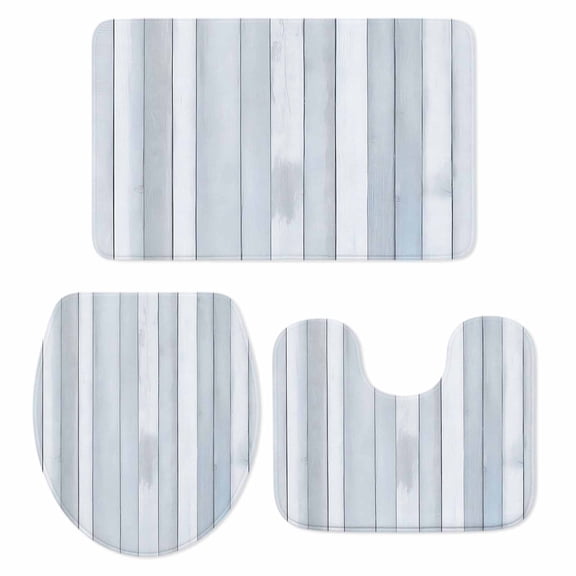 Blue Grey Wood Plank Bath Mat 3 Piece Bathroom Rug Set, Farmhouse Wooden Grain Rustic Non Slip Bath Rug Contour Mat and Toilet Lid Cover, Absorbent Shower Mats Soft Bath Rugs and Mats Sets