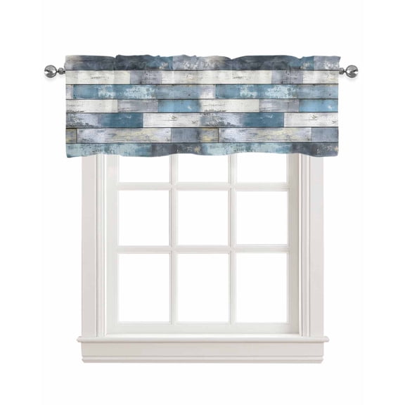 Blue Grey Wooden Kitchen Valances for Windows Farmhouse Linen Window Valance Curtain for Living Room Window Treatment Farmhouse Vintage Cabin Stripes Valance Rod Pocket Topper Drape, 54 x 18 Inch