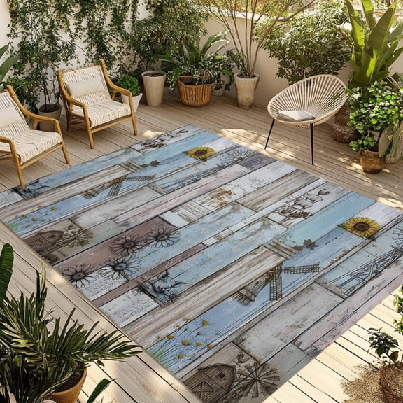 Blue Grey Wooden Outdoor Rug for Patio/Deck/Porch, Non-Slip Large Area Rug 5 x 7 Ft, Farmhouse Barn Sunflowers Retro Indoor Outdoor Rugs Washable Area Rugs, Reversible Camping Rug Carpet Runner