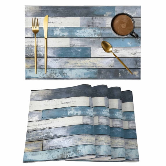 Blue Grey Wooden Placemats Set of 6 Farmhouse Vintage Cabin Stripes Place Mats Indoor Wipeable Table Mats Washable Cloth Dining Table Placemats for Kitchen Holiday Party Home Decor 13x19 Inch
